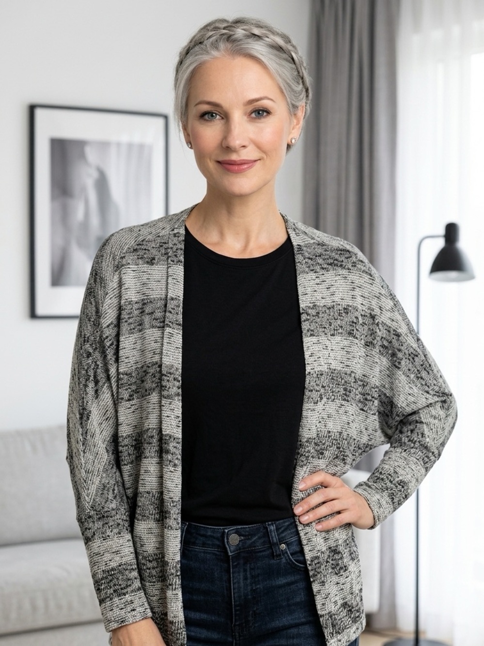 Decree Black and Gray Marled Open Cardigan